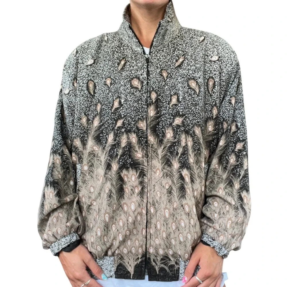 Valentina OS Black Tan Metallic, Peacock Ostrich Feather Print Bomber Jacket VTG
